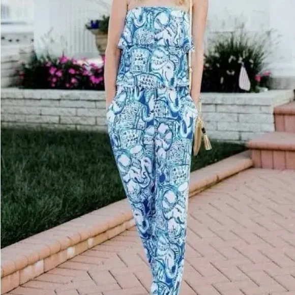 EUC size M Lilly Pulitzer Aislie jumpsuit in indigo keep on truckin - Picture 1 of 4